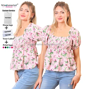 Custom Print Women Blouses Elegant Ladies Plus Size Top Summer Smocking Floral Short Sleeve Blouse for Women