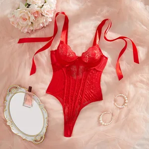 2026 Cross-Border European & American Sexy Lingerie: Mesh Lace Print Bow-Tie Straps Plunging Neckline Bodycon Bodysuit