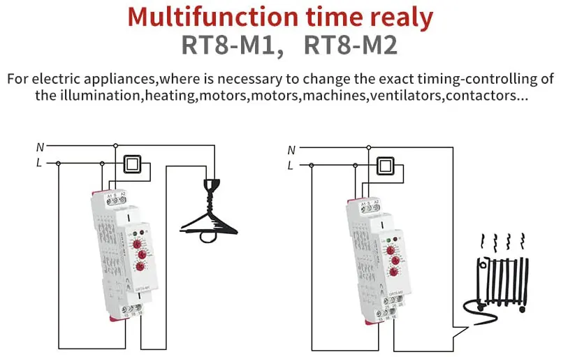 RT8-M1 RT8-M2 16A AC DC 12V 24V 110V 120V 220V 230V 240V On Off delay Pulse Multifunction Time Relay with 10 Function Choices