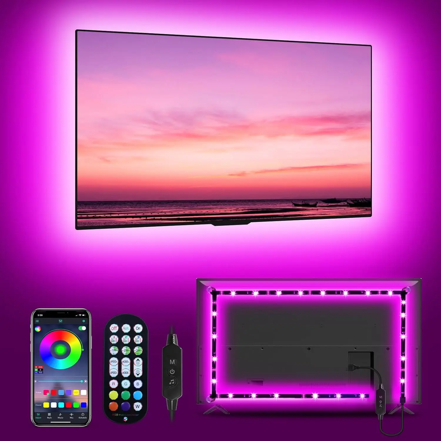 TV Backlight Smart LED Strip App Control USB Powered for 5M Flexible ...