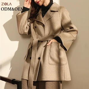 Wholesale Winter Clothing Double Breasted Short Wool Coat with Belt Plain Dyed Turn Down Collar