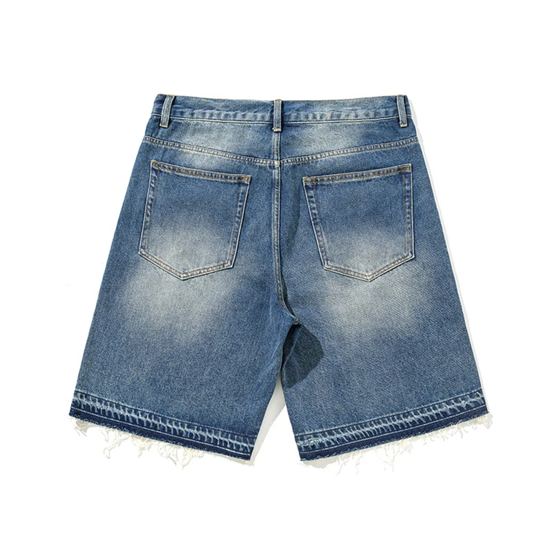 High Quality Summer Blue Raw Edges Hem Denim Shorts Men Jean
