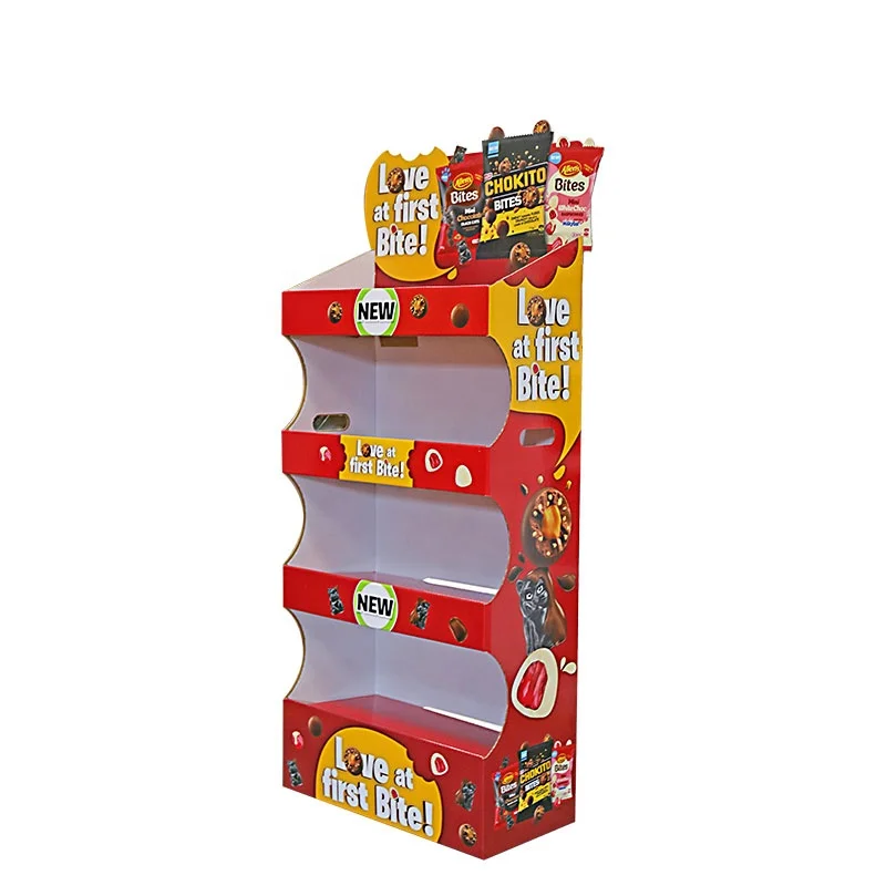 JL168 Custom Cardboard Display Shelf Supermarket Floor Stand Kitkat Kiosk Stand Dispenser Chocolate Cookies Display Racks