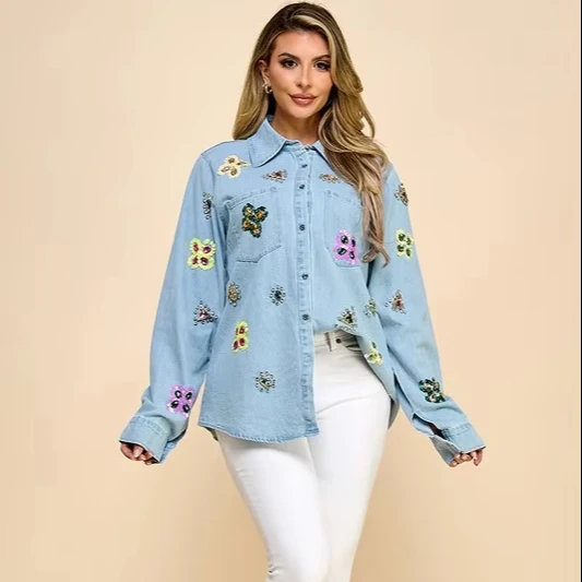 A Long-sleeved Denim Shirt With Lady