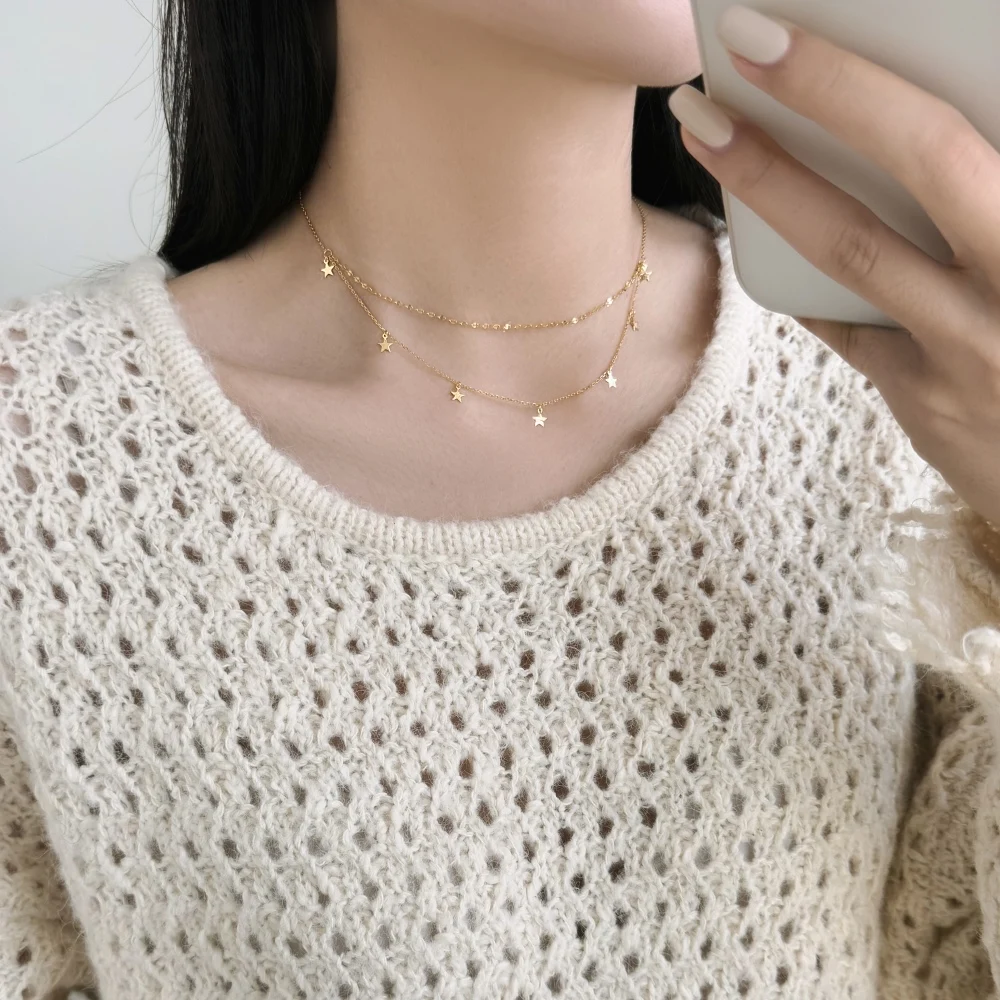 KAKODIY simple design fashion jewelry double chain five star pendant necklace daily dress jewelry necklace detail 7