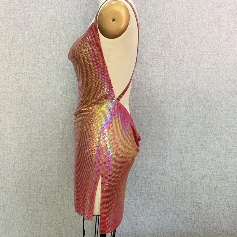 Sexy Red Colorful Metallic Metal Mesh Party Wear Backless Women Mini  Chainmail Dress