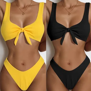 Solid Color Pit Stripe Cloth Chest Bow Swimwear Custom Letter Bikini Logo Spandex/Polyester Anti-Bacterial