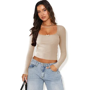 New Long Sleeved T-shirt Women's Cross Border Fashion Brand Lace Splice Spicy Girl Top U-neck Bottom