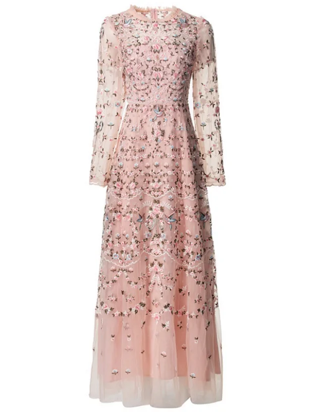 Plus Size Long Evening Dress 2025 Spring Autumn Wedding Party Women Allover  Exquisite Embroidery Long Sleeve Maxi Floor Dress