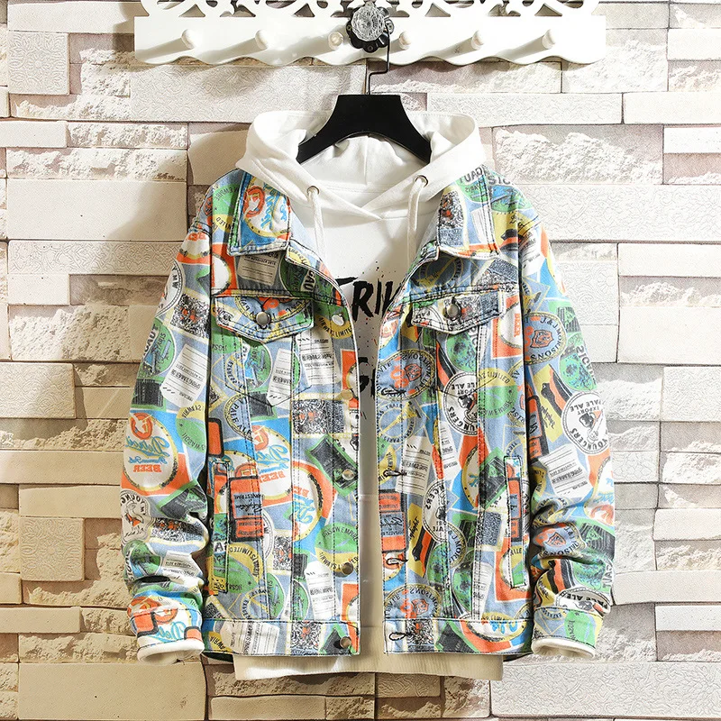 New Autumn Designer Graffiti Camouflage Denim Jacket Men's Fashion Color Jean Jacket