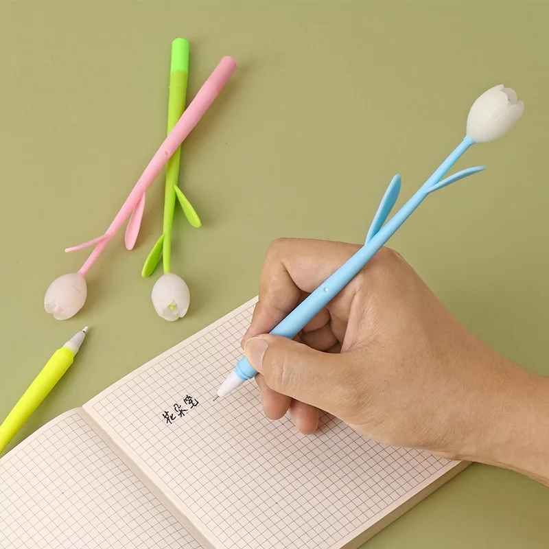 Creative Fresh Tulip Flower Gift Student Stationery Signature 0.5mm Changes Color Exposed Light Plastic Black Gel Pen_voghion.com