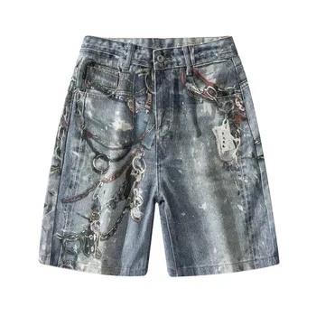 American High Street Vintage Washed Denim Shorts Breathable Mid Waist Casual Straight Jeans Button Hole Decorations for Summer