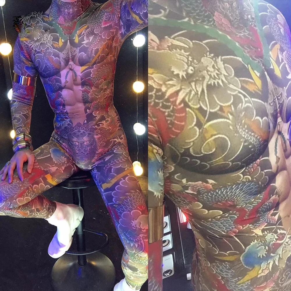 Skull tattoo Muscle Man women nude bodysuit Male guest gogo fashion catwalk  print jumpsuit stage outfit dance club costume| Alibaba.com