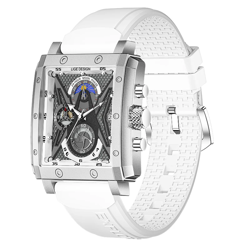 Lige 8965 Luxury Red Fashionable Quartz Watch Rubber Strap Moon Phase 24H Display Chronograph Leisure  Automatic Concept Watch