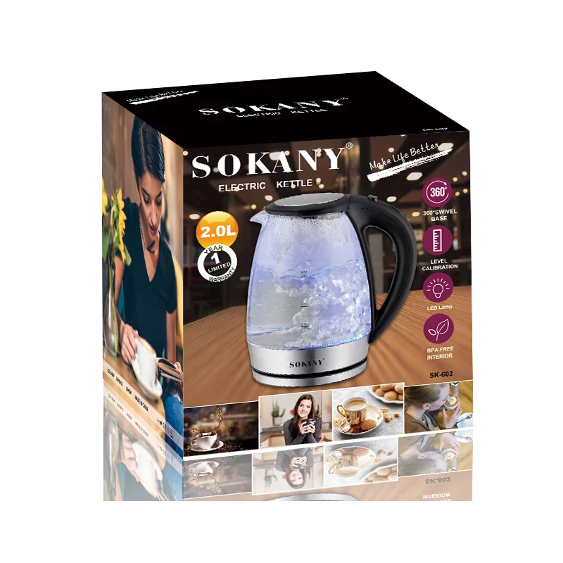 Sokany 2.2L Electric Kettle Glass Stainless Steel Tea Water Boiler Led Fast  Hot