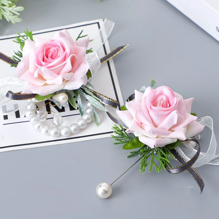 KEWEI 668 Wrist Corsage Flower Boutonniere Wedding Bracelet Bridesmaid Silk Flower Wrist Pearl Bracelet