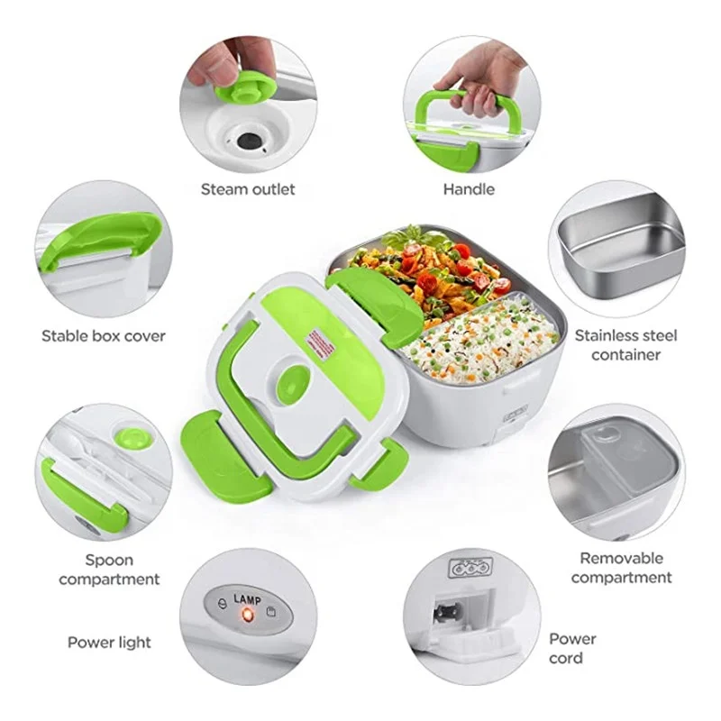 Portable Electric Fast Heated Removable Heating Food Heater Lunch Bento Box  Rice Container Office Home Multifunctional Food Warmer With Soup Bowl &  Spoon(EU/US Plug,Car Plug)