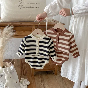 Autumn Korean Style Two-Piece Sweater Set for Boys and Girls Striped Knitted Suit 100% Cotton Casual Style Infant Clothes