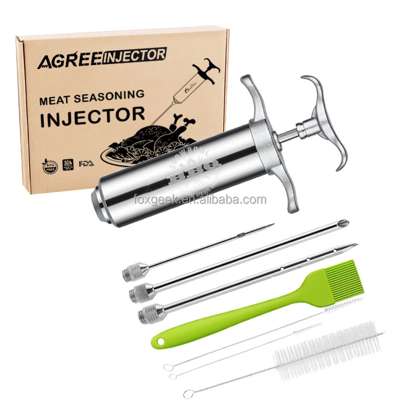 Meat Injector Syringe, 2-oz Marinade Flavor Injector 304 Stainless Steel  with 3 Professional Needles,2 Cleaning Brushes