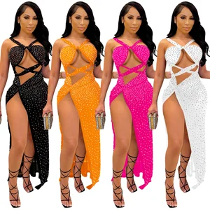 Customize High Quality Nightclub Solid Color Hollow Mesh Backless slip Breathable Eco-Friendly Knee-Length High Slit Rhinestone