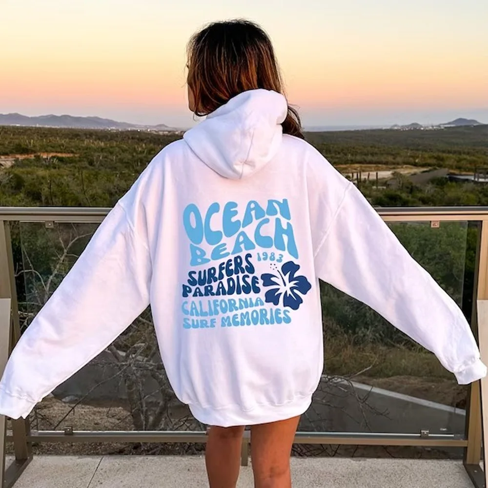 White Oversized Hoodie With Blue Ocean Graphic Women's Casual ...