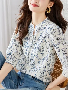 Factory-Direct Blue-and-White Floral Print Women Autumn Tank Top Casual Illusion Washable