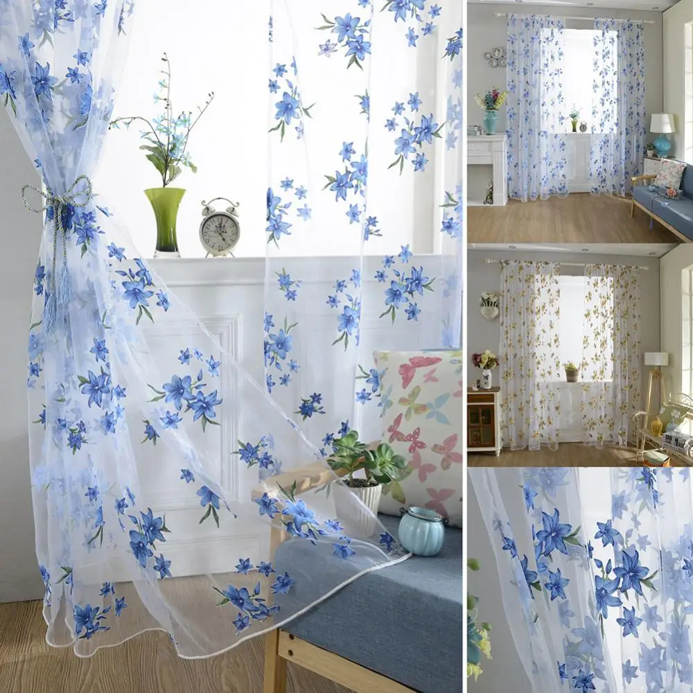 Mantovana Oscurante Lush Decor Con Motivo Floreale Piangente - Blu E Grigio - 132x45.7 Cm + Testata 5 Cm - Tasca Per Asta 7.6 Cm