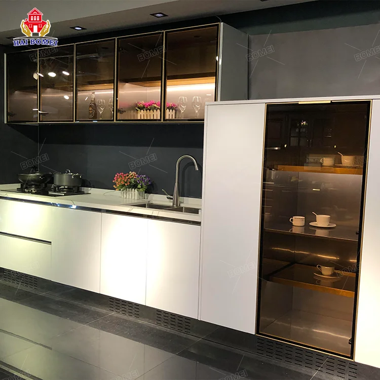 Aluminium-fertigküche Kenia Fiberglas-hängeküche Thailand Küchenarbeitsplatte Mit Schrank Glas Edelstahl-küchenschrank