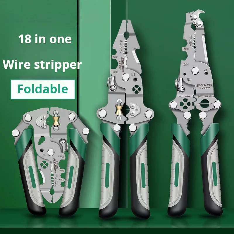 18-in-1 Foldable Multi-Function Wire Strippers Industrial-Grade Tool for Screw Tightening, Wire Splitting & Winding
