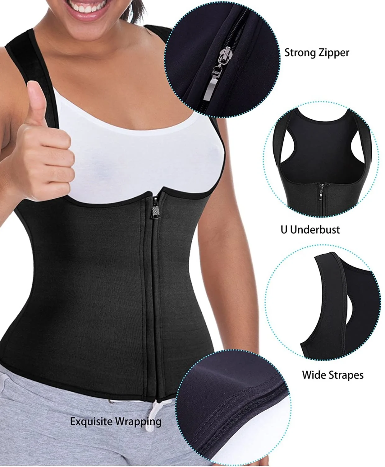 GAODI Women Waist Trainer Vest Slim Corset Neoprene Sauna Tank Top Zipper Weight Loss Body Shaper Shirt 