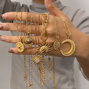 Trendy 18K Gold Plated Eight-Pointed Star Pendant Necklace for Women Stainless Steel with Zircon Inlaid Sun Gift Jewelry