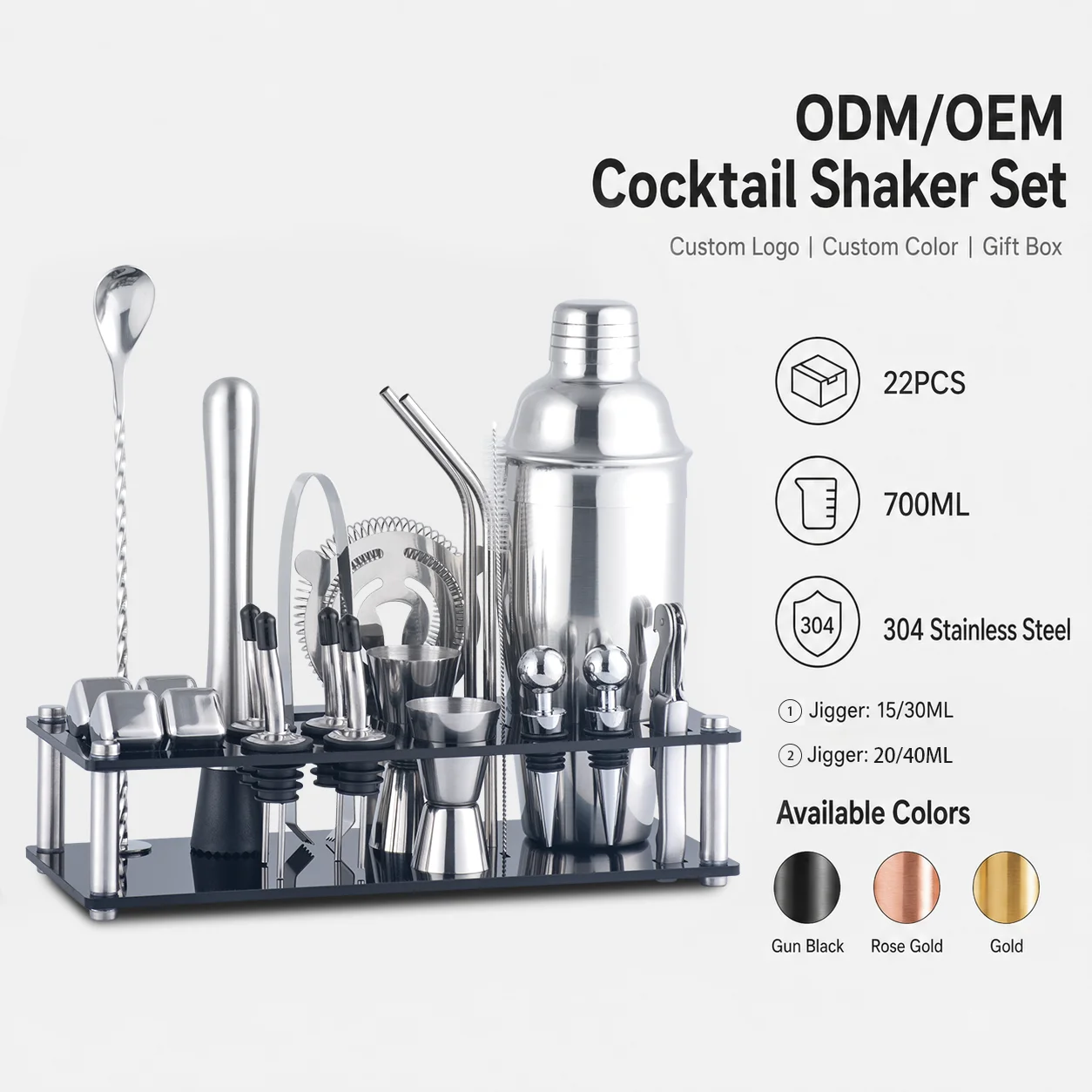 ODM OEM Custom Logo 22 Piece Bartender Kit 700ml Cocktail Shaker Set Stainless Steel Barware Tools With Acrylic Display Stand