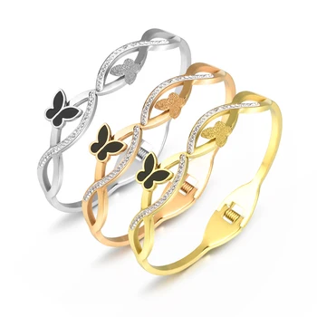 Fashion Stainless Steel Jewelry Gold Women Bulk Charms Butterfly Diamond Bracelets Bangles