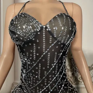 Women's Rhinestone Diamond Tassels Carpet Dresses Belly Dancing Evening Gown Mesh Black Sexy Heat-Transfer Performance Wear