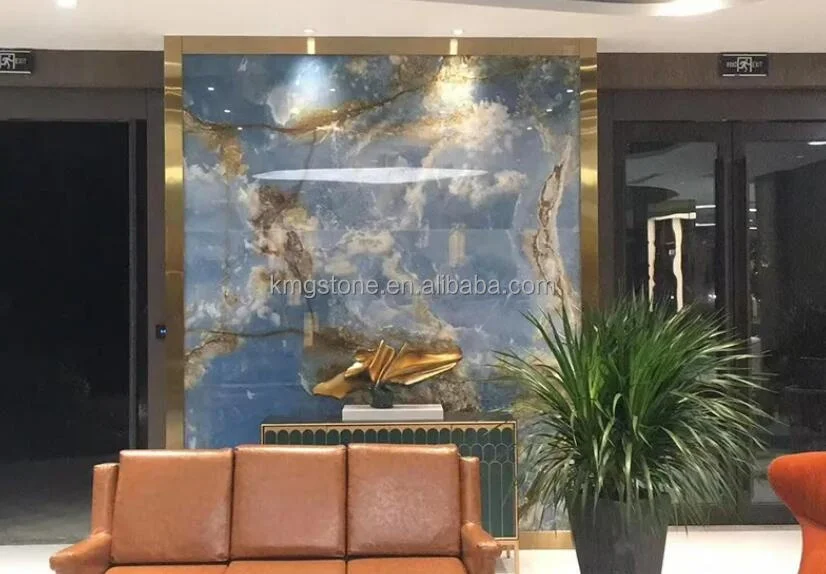 Modern Villa Onyx Slab Countertop Translucent Blue With Antique and Honed Finish for Luxury Interiors