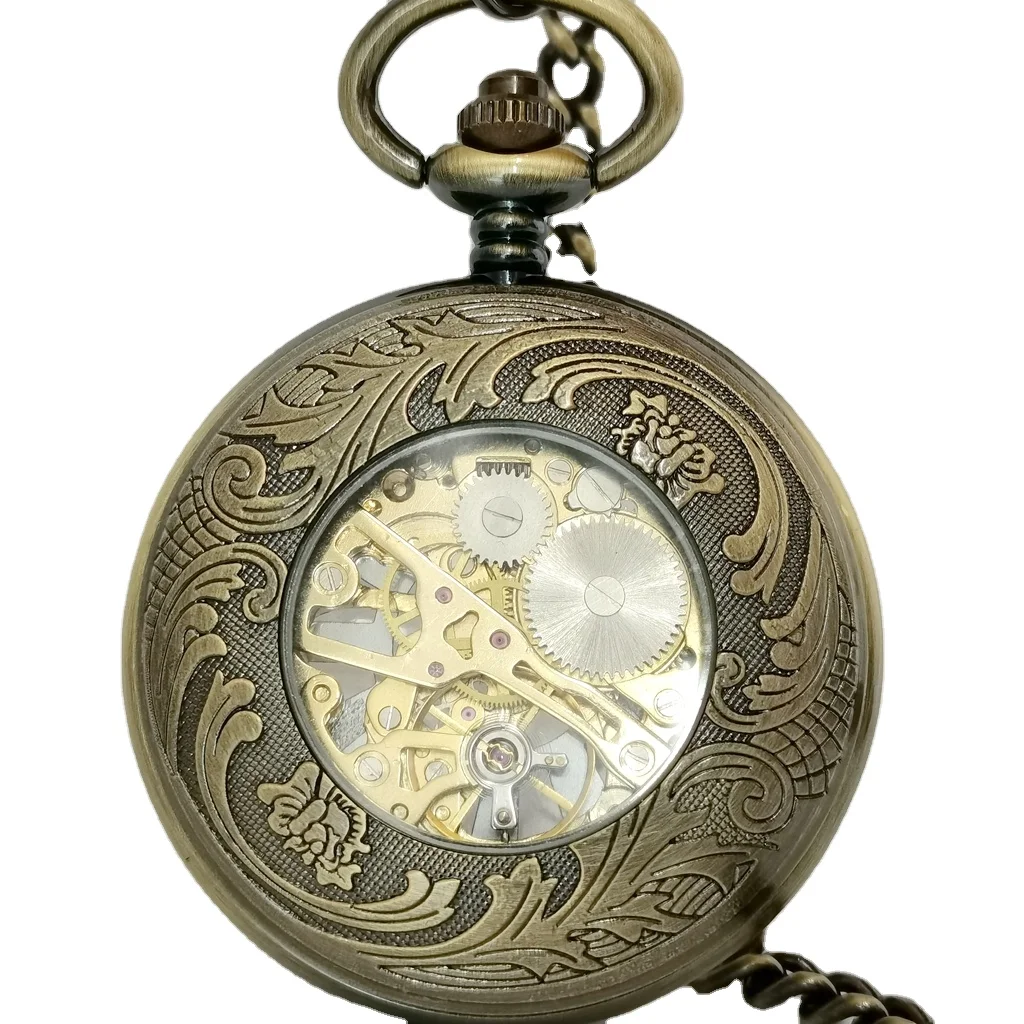 Vintage Flower Stainless Steel Big Glass Face Mechanical Pocket Watches - Main Image