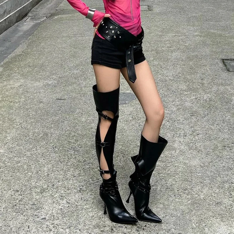 2024 New Style Ladies Leather Knee High Pointed Toe Knight Sandals Hollow Boots High Heel Boots Women Shoes Knee-high - Image 3