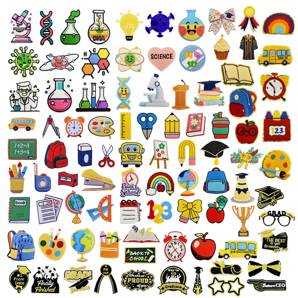 Hot Sale New School Laboratory Scientific Research Graduation Study Stationery Theme Iron on Embroidery Patches for Diy