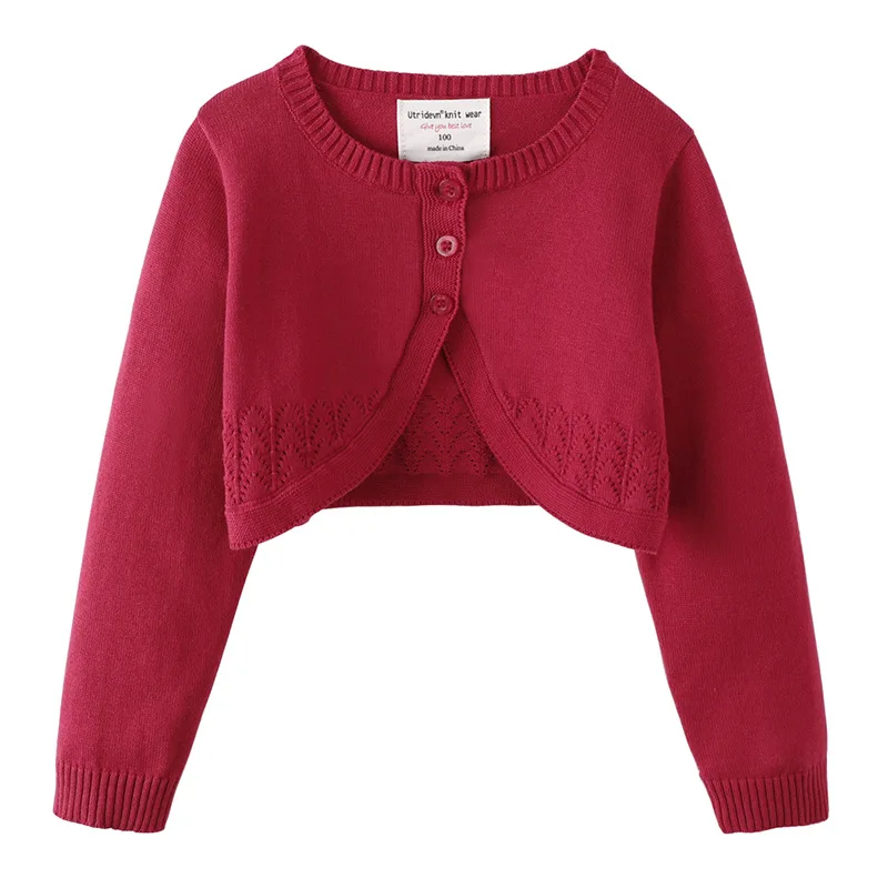 Wholesale Pure Cotton Pointelle Bolero Girl's Lace Effect Trim Knitted Cardigan Sweater Knitwear Long Sleeve Short Cardigan