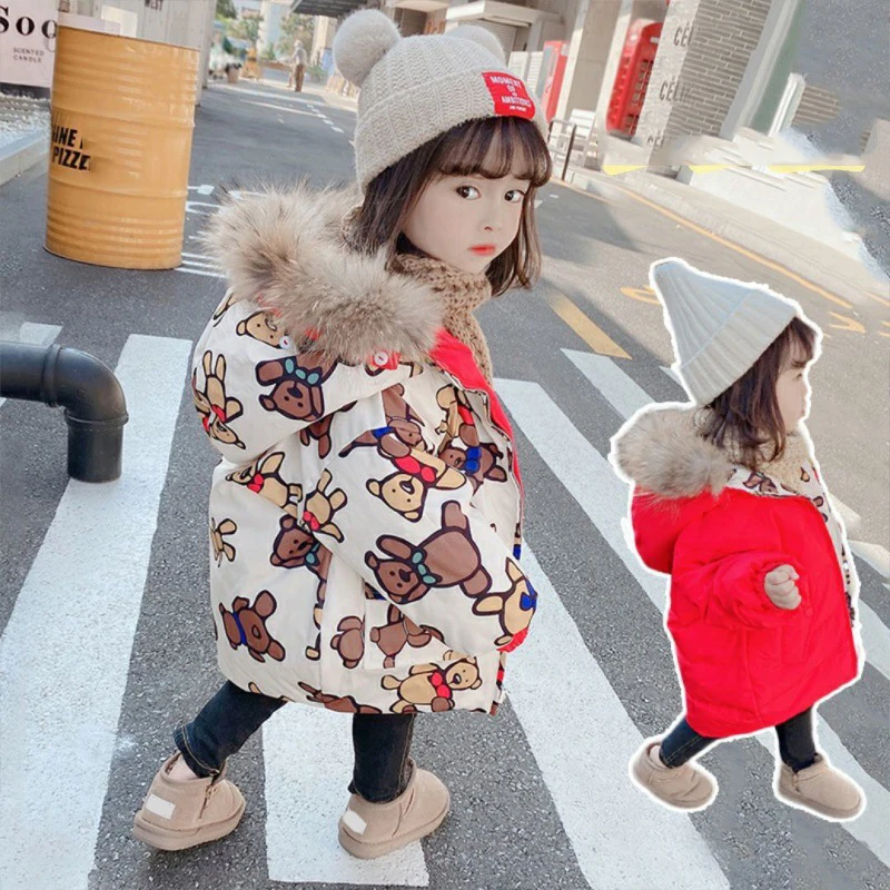 Baby Winter Girls Fur Hooded Cartoon Bear Coats Warm Clothes 