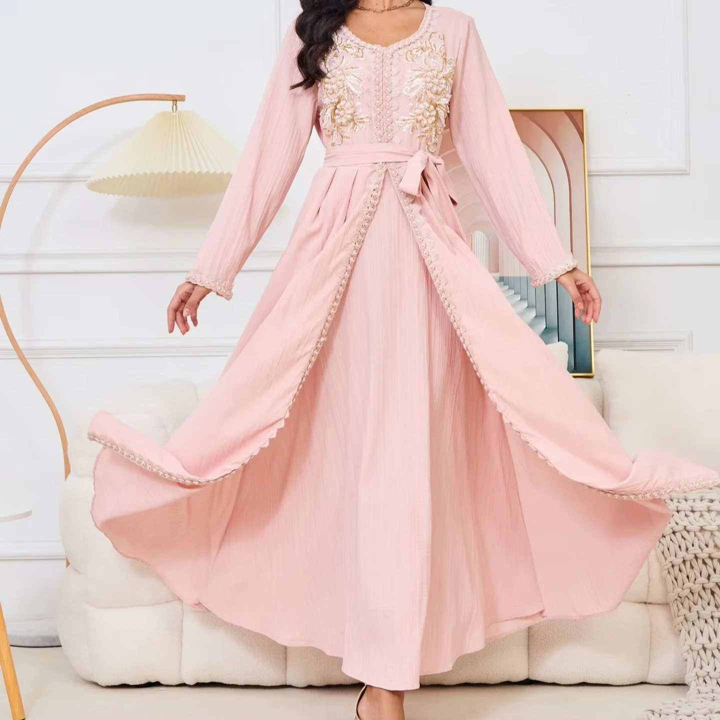 Wholesale Nail-Beaded abaya Dress Round Neck abaya long leeve evening Dress abaya kaftan long dress,2 Pieces