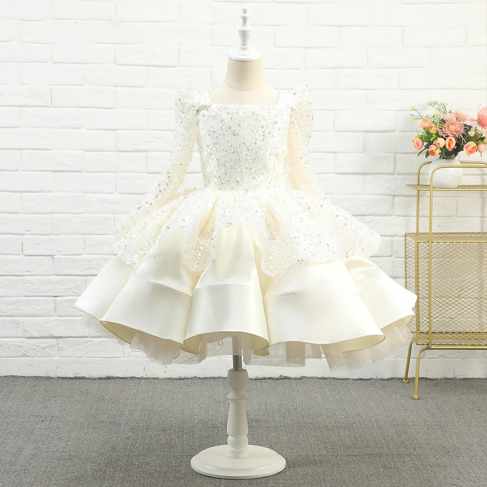 white gown for girls party dresses shiny kids wedding dresses flower girls