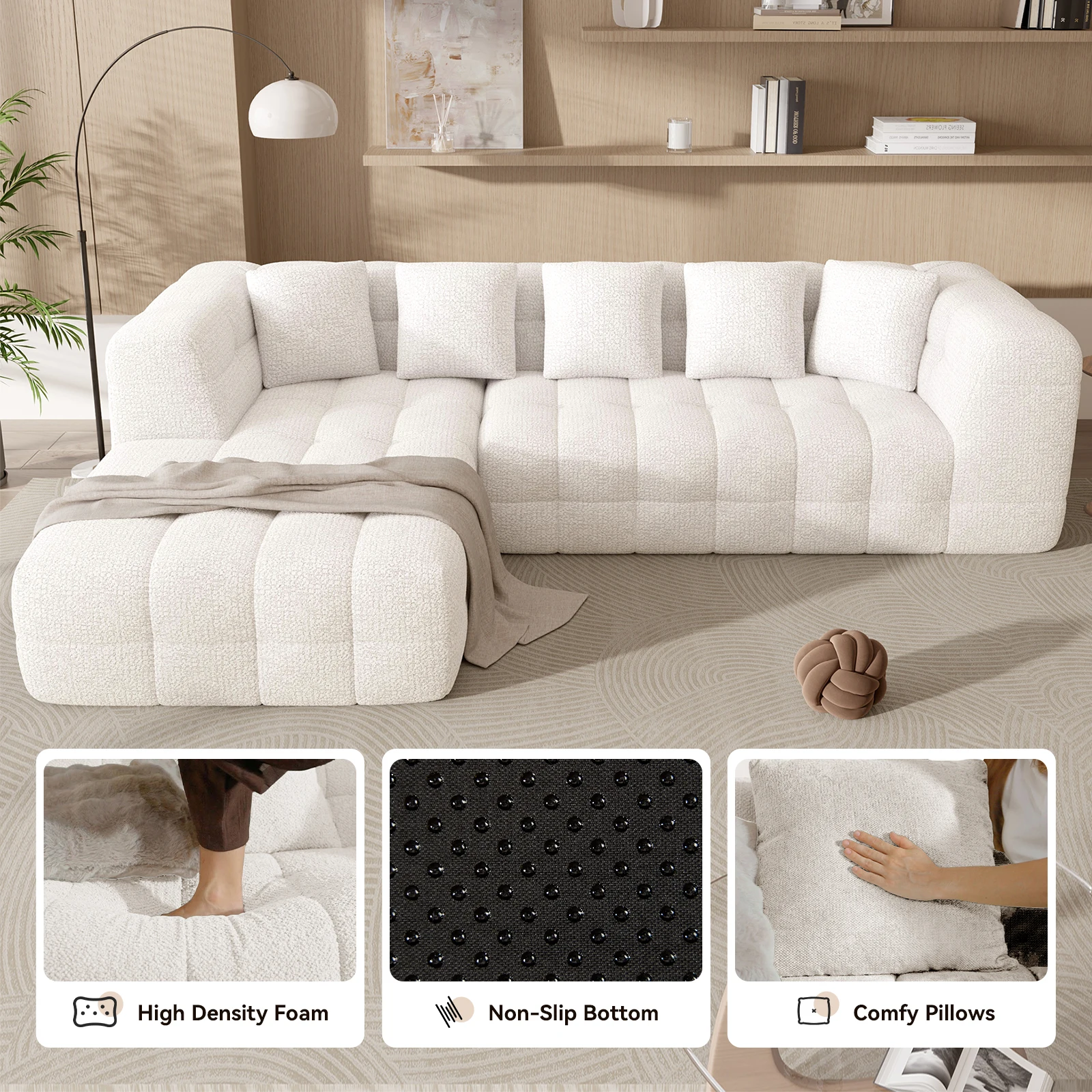 Modern Boneless Chenille L-Shaped Couch Oversized Cloud-Like Sofa Bed with Deep Seats for Living Room Large Space - Image 5
