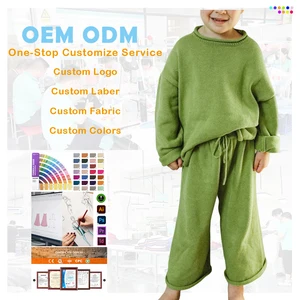 Wholesale Custom Printing Soft Basic Casual Blank O Collar 2 Piece Knit Long Sleeve Pullover Wide Leg Pants Kids Outfits