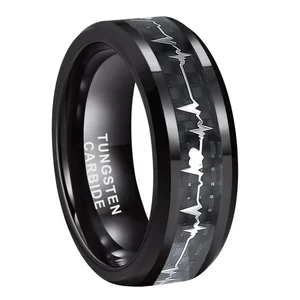 Coolstyle Jewelry 8mm Black Tungsten Carbide Ring for Men Women Black Carbon Fiber Heartbeat Inlay Beveled Polished Comfort Fit