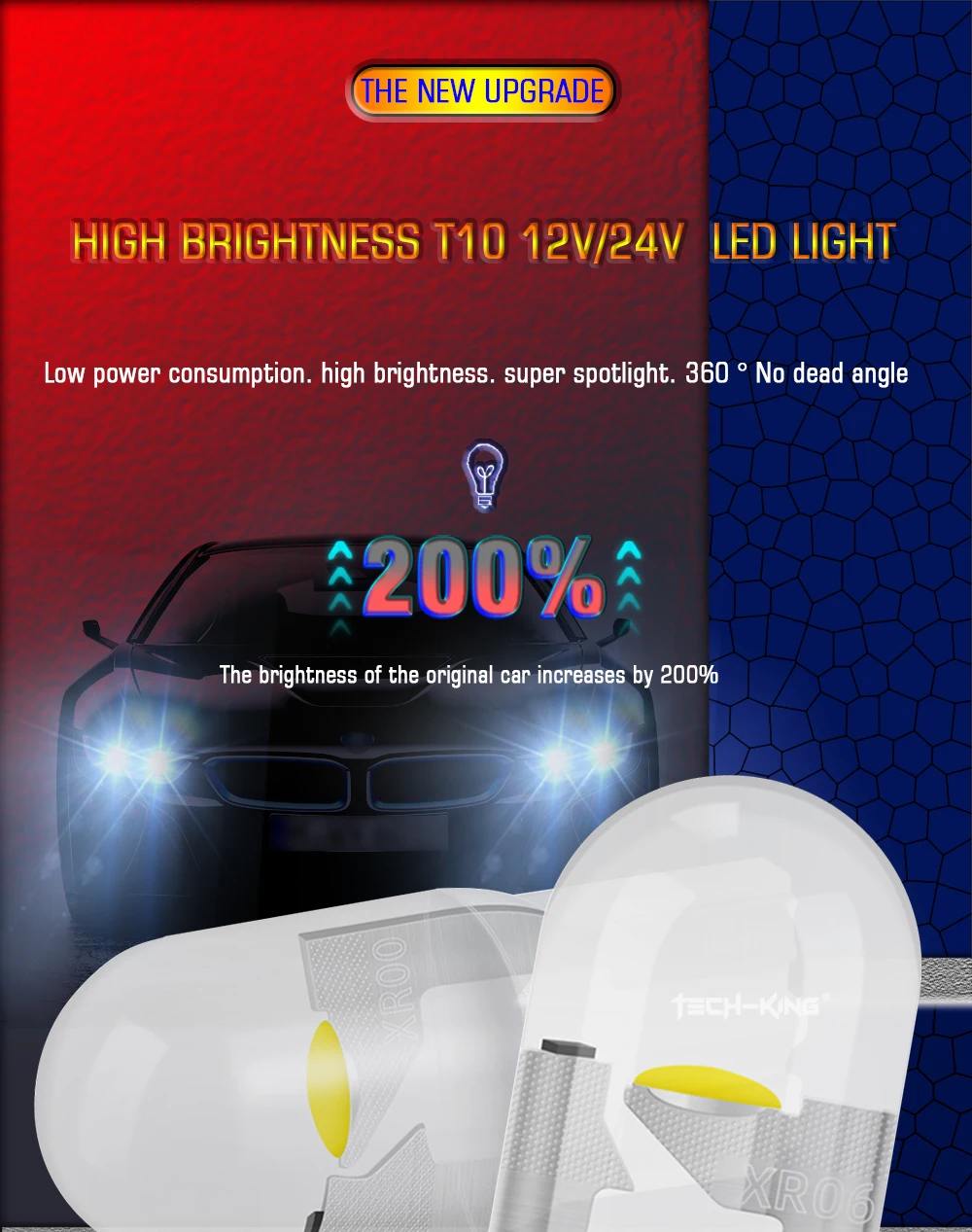 TECH-KING Newest 12V 24V W5W Led T10 Car Light COB Glass 6000K White Yellow Auto License Plate Lamp Dome Light Reading DRL Bulb