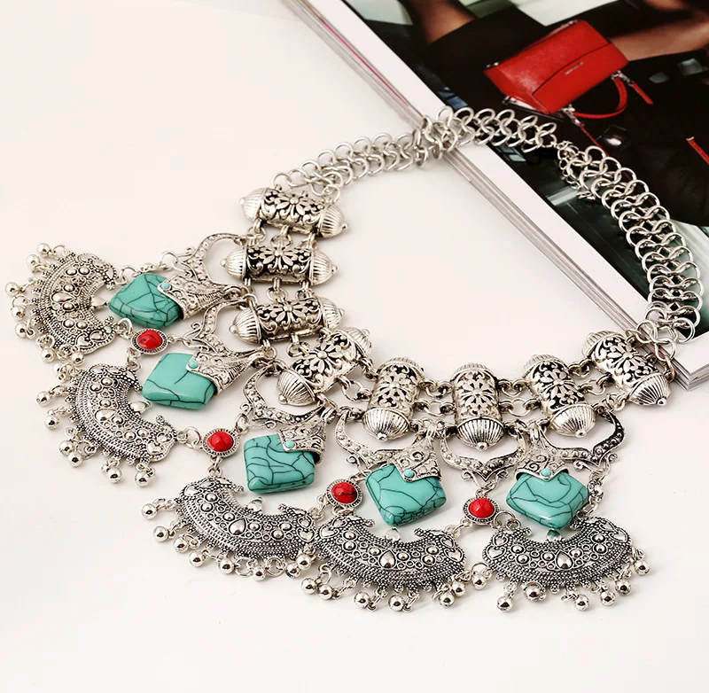Yiwu Factory Bulk Buy From China Woman Antique Silver Plated Exaggerated Boho Style Kallaite Tassel Choker Necklace