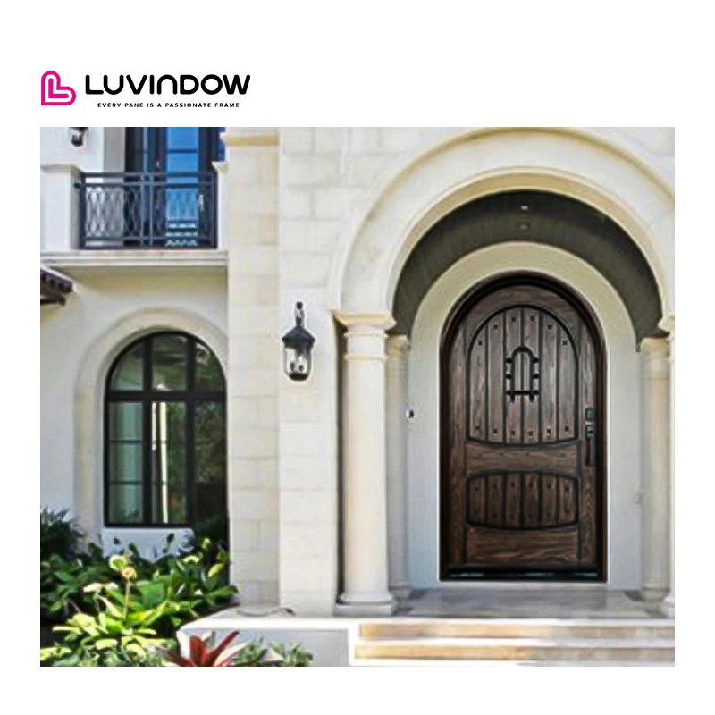 ソリッドウッドアンティークアーチ型フロントドアVグルーブパネル付き