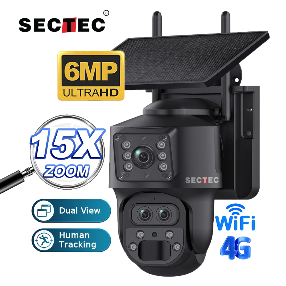 SECTEC 6MP Solar Battery Powered Network Camera 3 Lens 2 Screens with 12X Zoom 4G UBOX APP Outdoor CCTV PTZ 4G Solar Camera