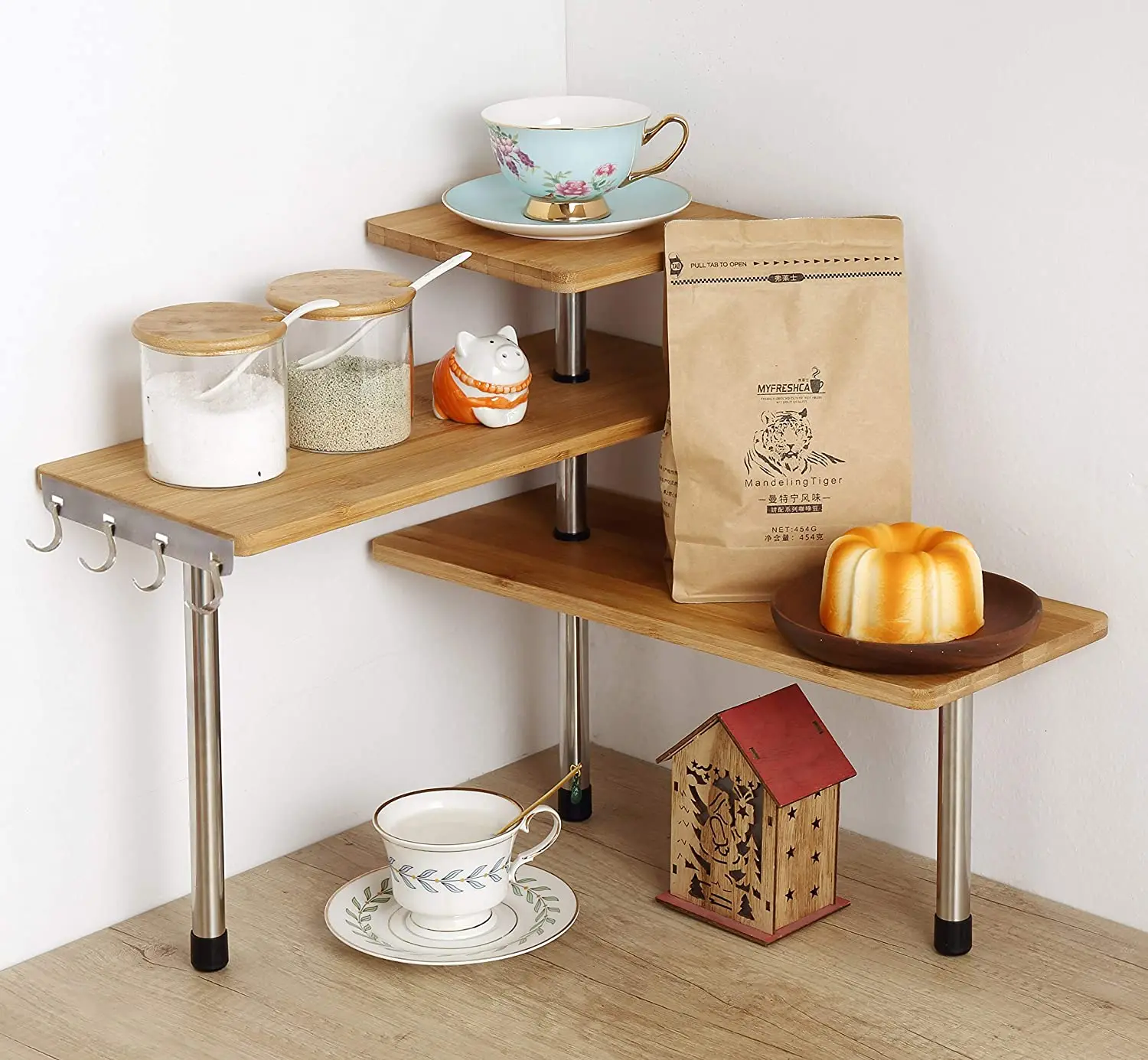 3 Tier Corner Shelf Bamboo & Metal Storage Spice Rack-kitchen Shelves 